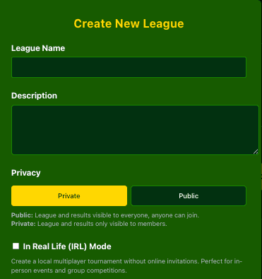 League Creation Modal - General Privacy and IRL Settings