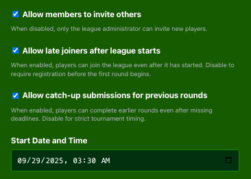 League Creation Modal - Permissions and Start Date